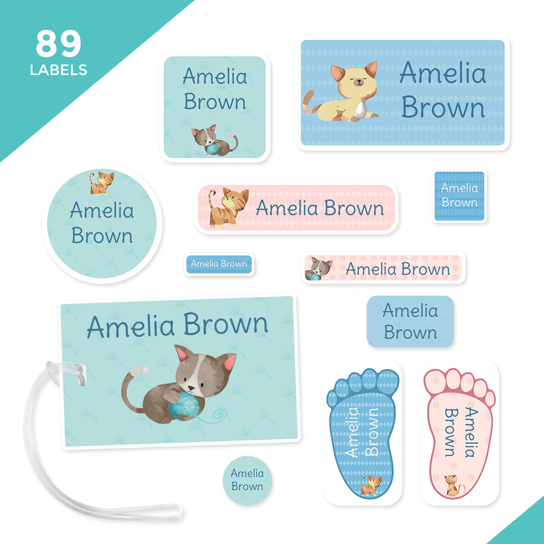 Kids Labelling Essential School, Camp and Daycare Label Pack - Kittens – School and ...
