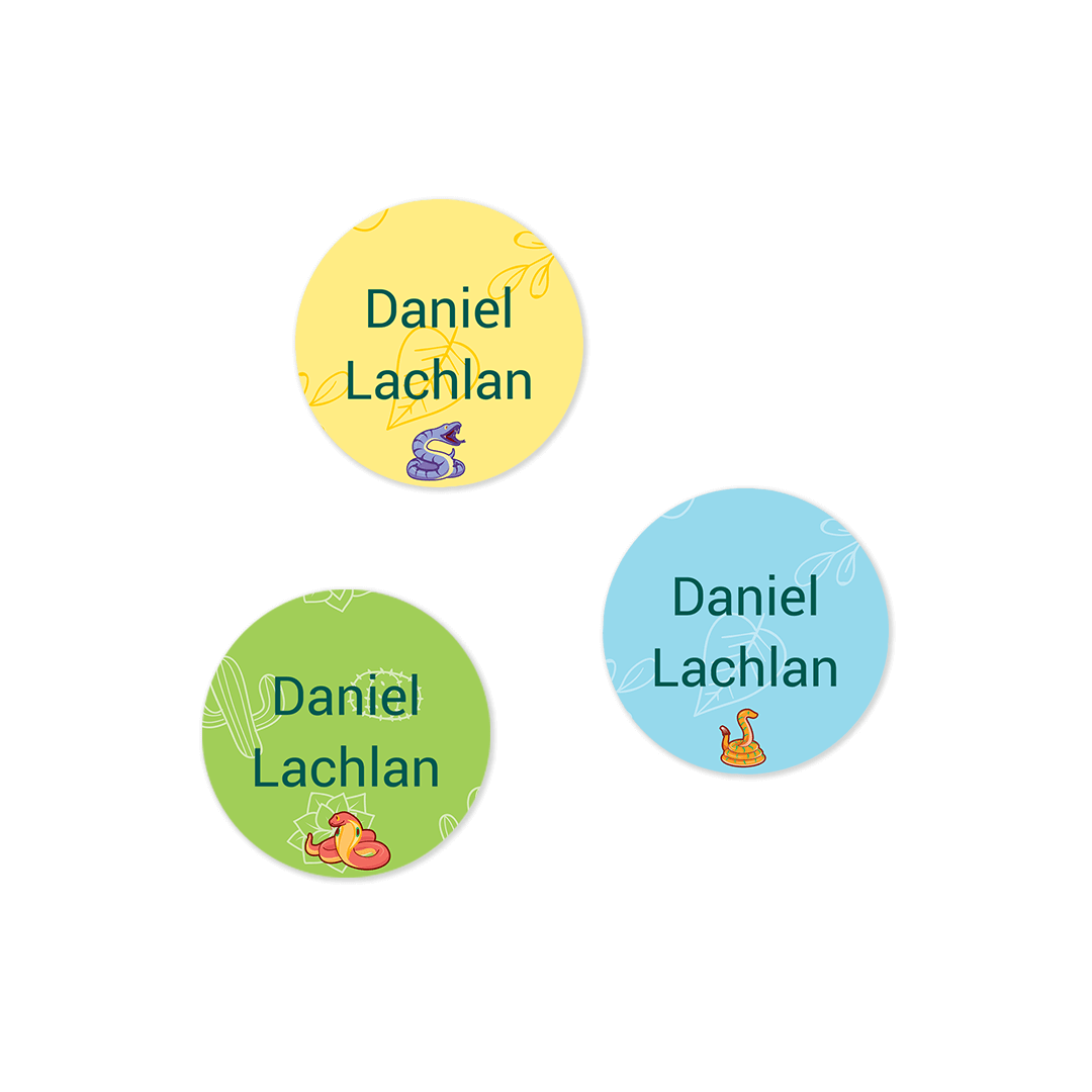Button Snake Labels Small personalized color dot labels Snakes design | School and Camp Labels